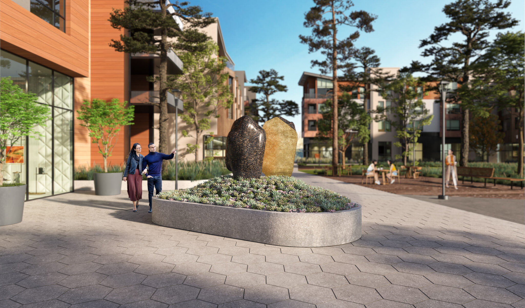 Computer rending of a sculpture depicting two vertical rocklike forms installed in a landscaped planter outdoors. The forms are made from dark grey concrete split in half with flat bronze plates covering the smooth interior faces.